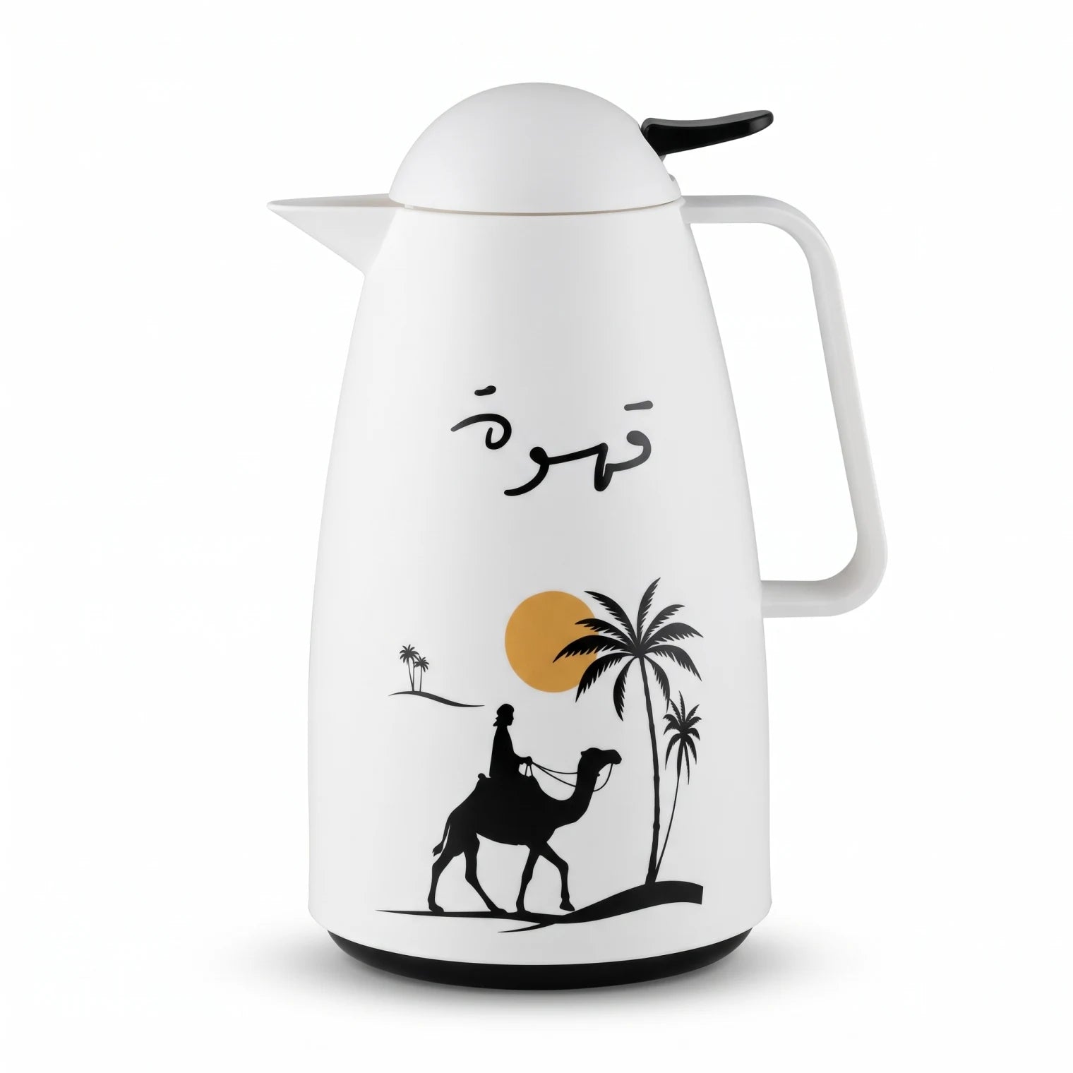 Crystal House white vaccum flask 1 Liter – Black Camel Artwork | Qahwa Calligraphy | Leak Proof Tea and Coffee Flask