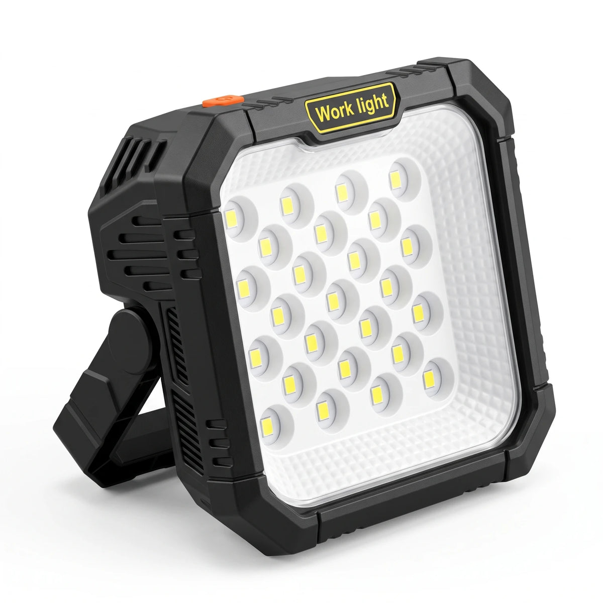 Solar-Powered LED Work Light – 13 x 10 x 13 cm | Front LED Array, Ventilation Slots and Support Base