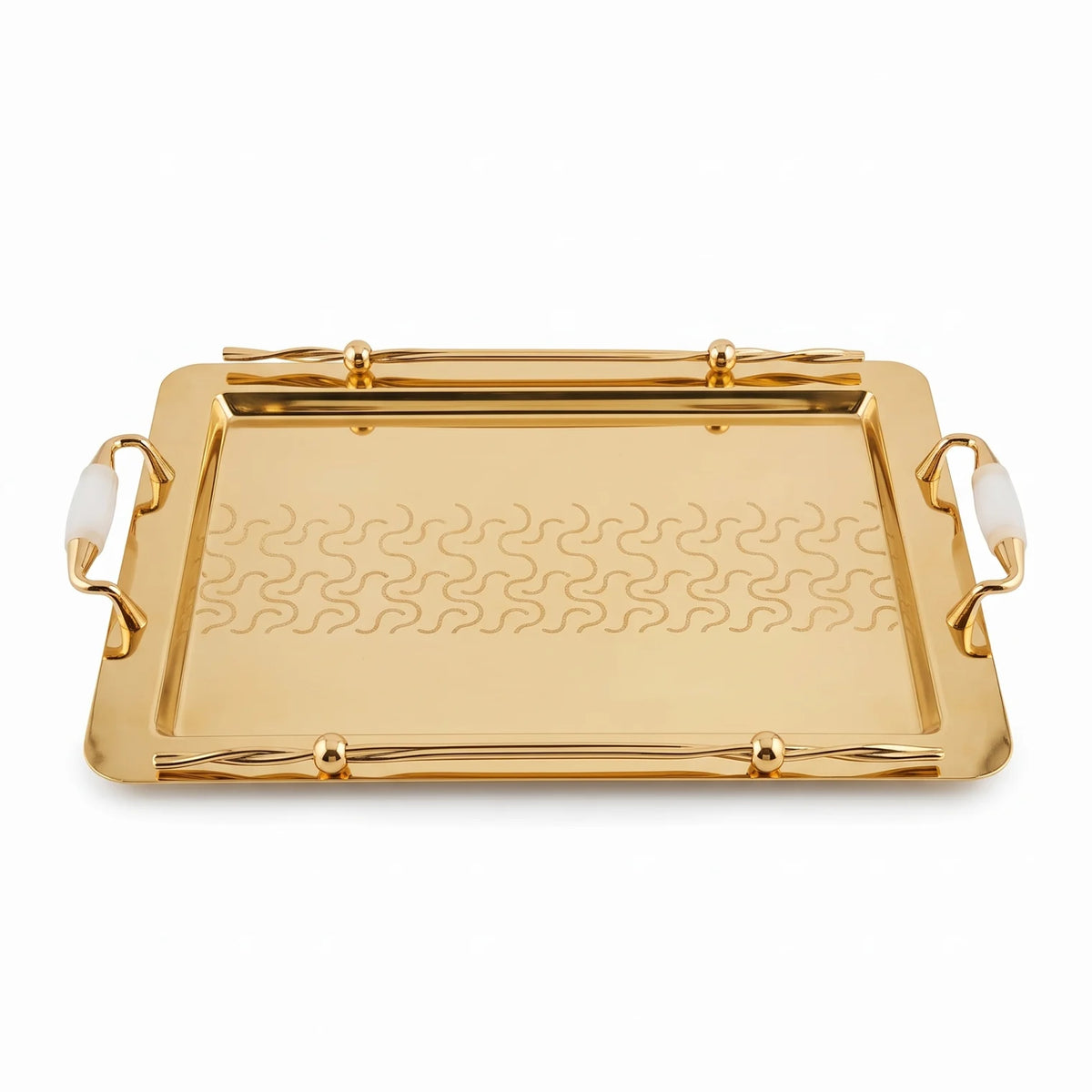 Ansa Luxury Metal Serving Tray – 47 x 32 x 14cm | Geometric Pattern, Raised Rim and Side Handles | Multiple Colour Options - Gold - White - Image 1