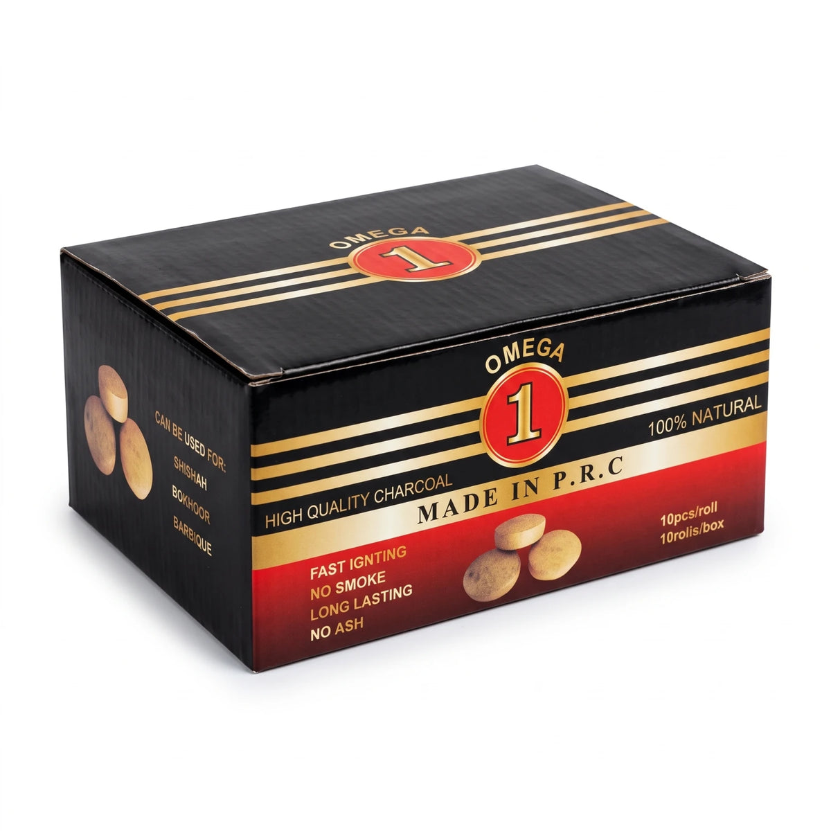 Omega 1 High Quality Gold charcoal – 10 Pieces per Roll, 10 Rolls per Box | Fast-Igniting Natural Charcoal Briquettes