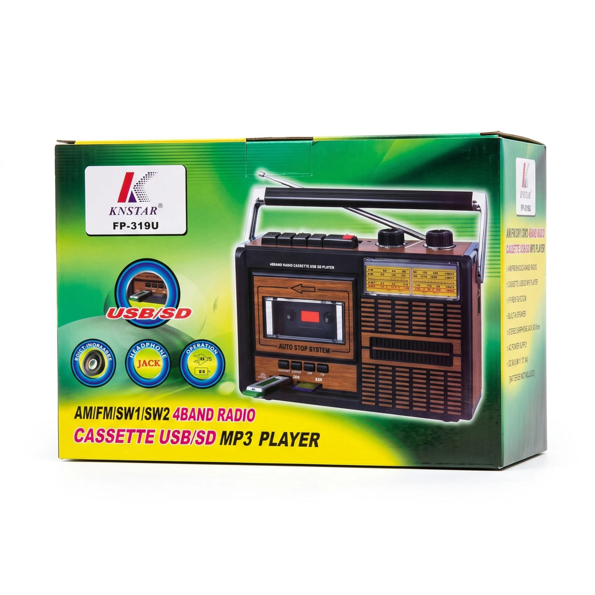KNSTAR FP-319U 4-Band Radio Cassette USB/SD MP3 Player – AM/FM/SW1/SW2, Built-In Speaker, Headphone Jack, AC/DC Operation, Auto Stop