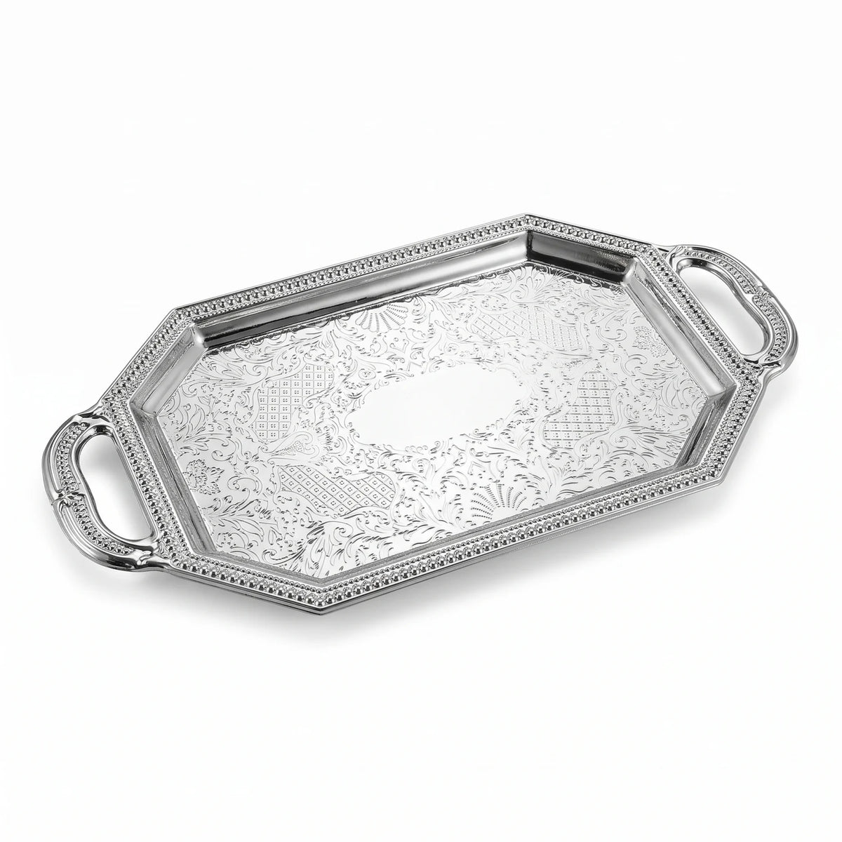 Ornate Silver-Toned Octagonal Serving Tray – 21 x 11 x 1 cm | Textured Handles | Embossed Patterned Base
