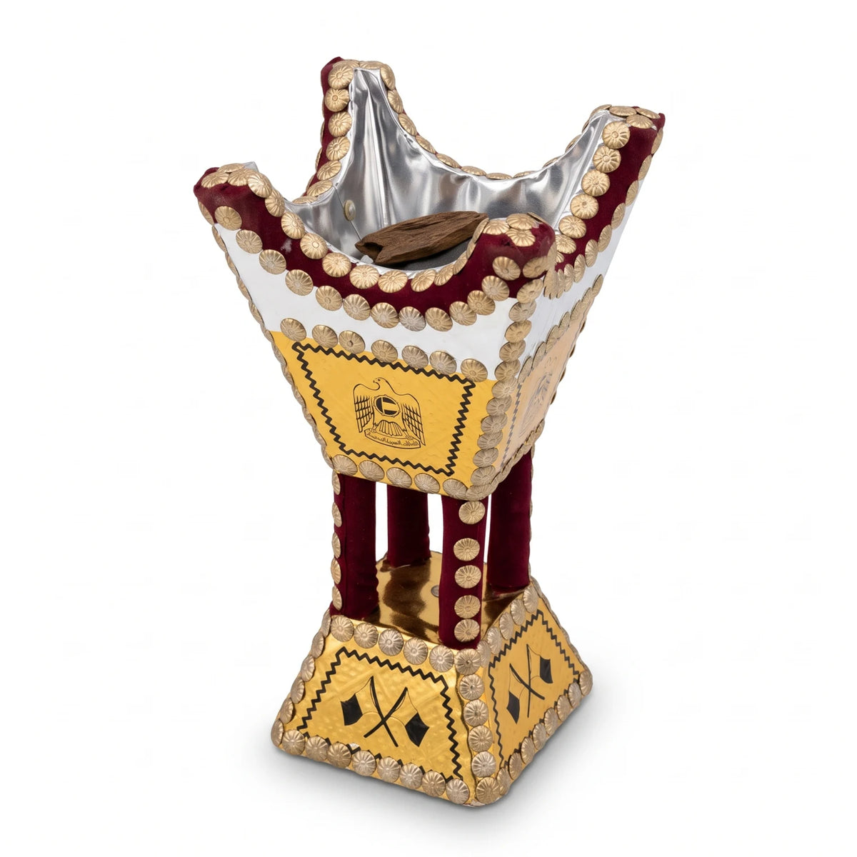 Traditional UAE Logo Wooden Bakhoor Incense Burner (Mabkhara) – Maroon & Gold, 26 x 14 x 14 cm, National Day Celebration Display