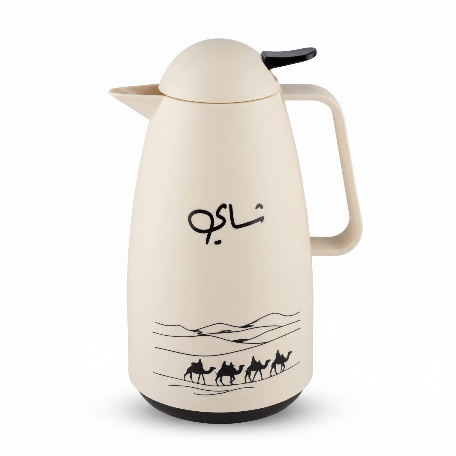 Crystal House Cream-Colored Vacuum Flask 1 Litre – Arabic Desert Artwork, Chai Calligraphy, Leak-Proof Tea & Coffee Flask