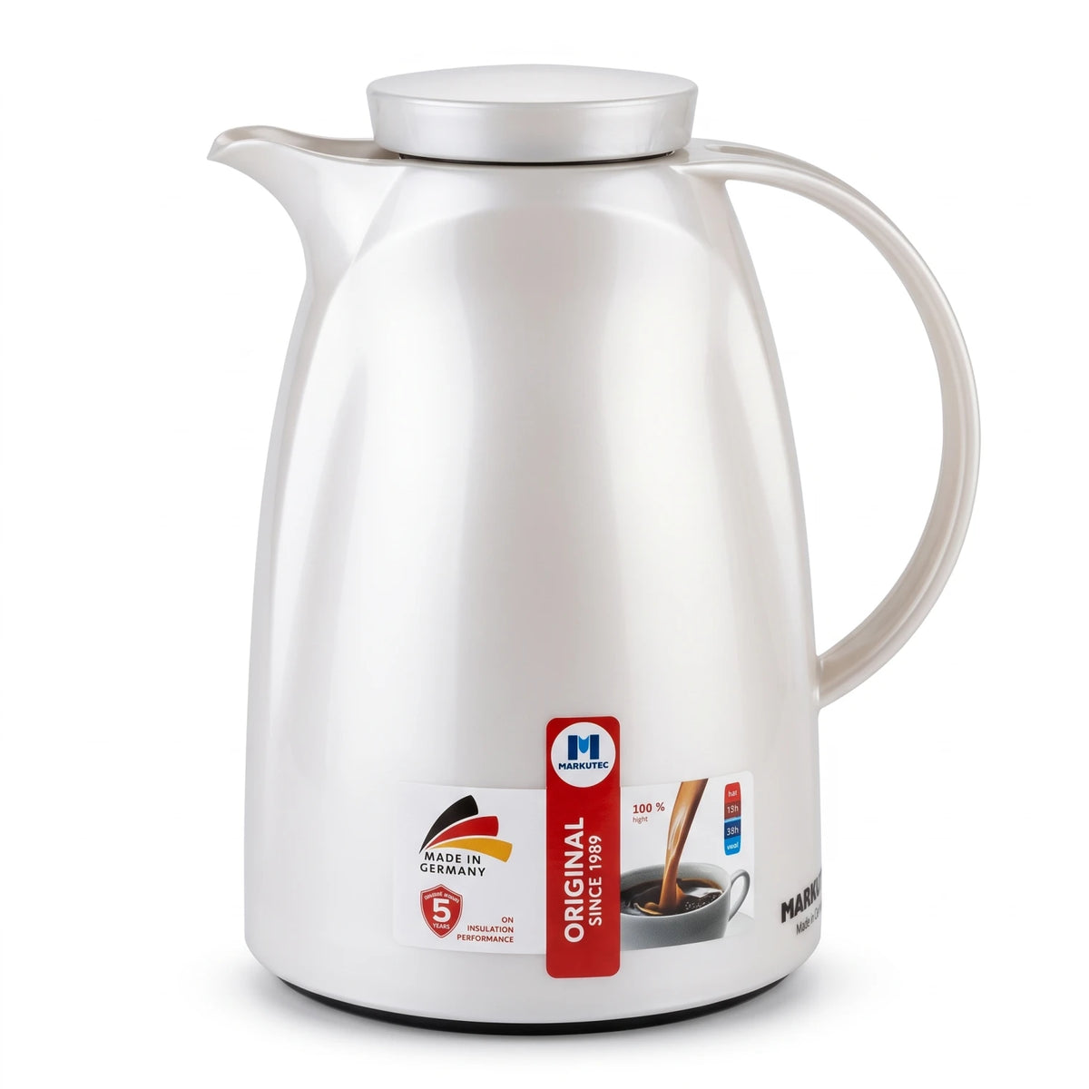 Markutec German-made Pearl White vaccum flask – 1.0 L | Leak Proof | Keeps Tea and Coffee Hot or Cold