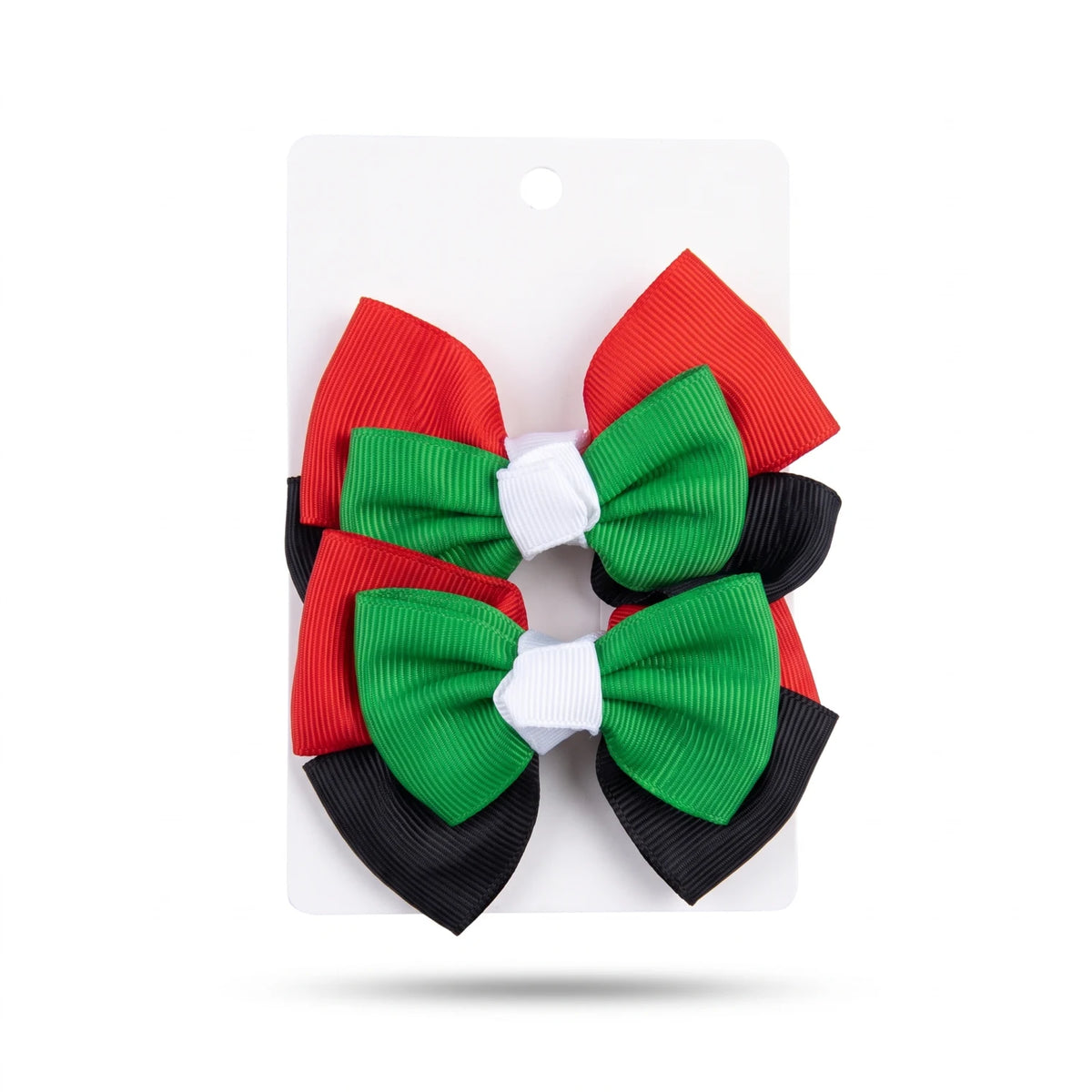UAE Color Hair Clip Set β 2 Pieces | Red, Green, Black & White Layered Hair Bows for United Arab Emirates National Day and Flag Day