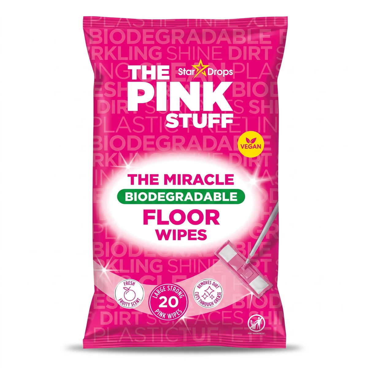Star Drops THE PINK STUFF Floor Cleaning Wipes – 20 Pink Wipes | Fresh Fruity Scent | Biodegradable Vegan Wipes for Dirt and Grease
