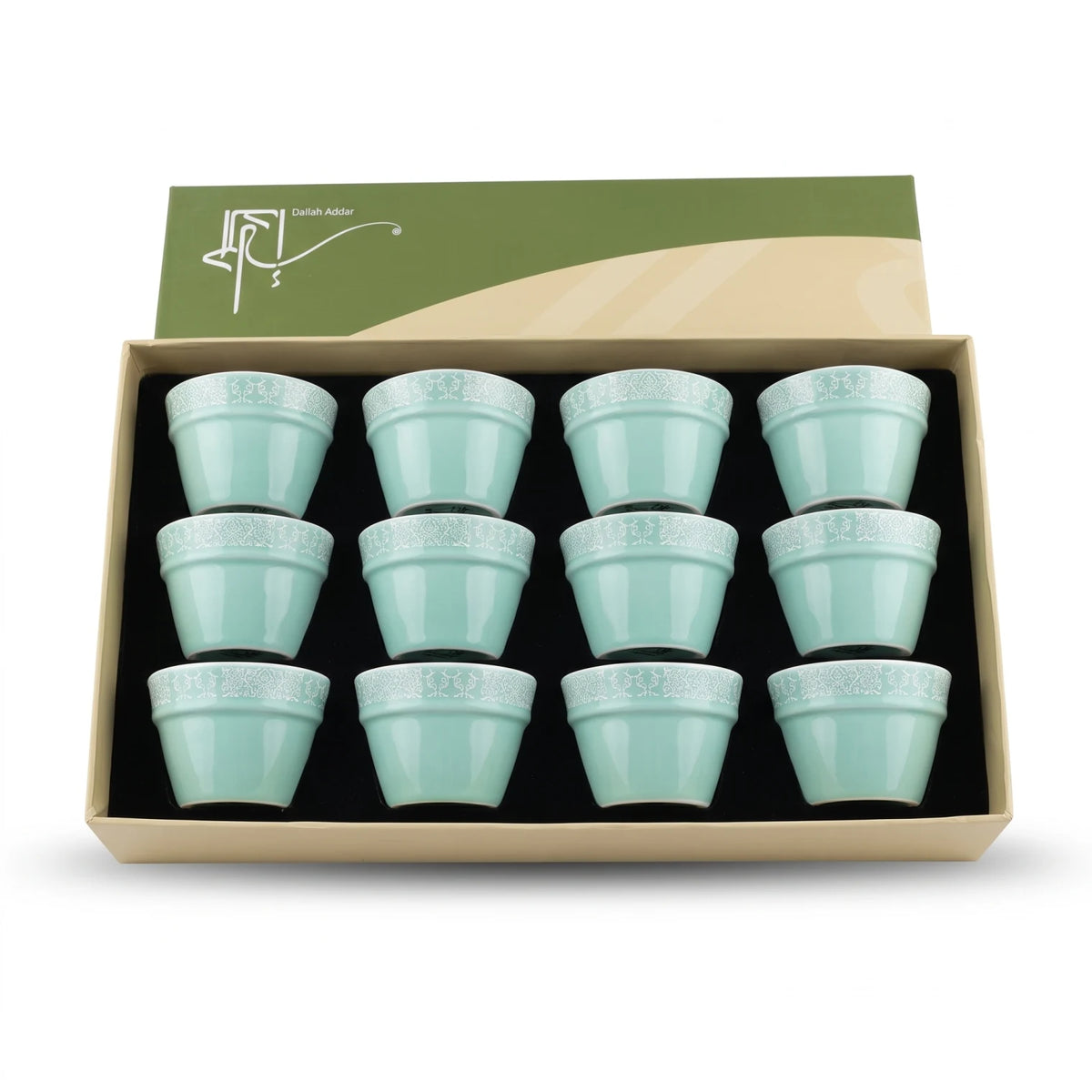 Dallah Addar Arabic Coffee Cups 12 Pieces Set – Handleless Mint Green Cups with White Ornamental Patterns