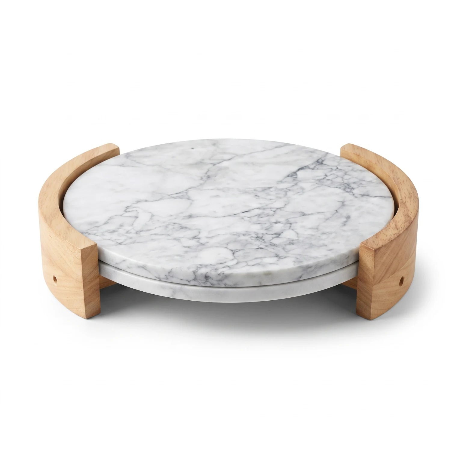 Round Marble Serving Tray with Wood Stand – 25 × 28 × 5 cm Elevated Display and Serving Tray