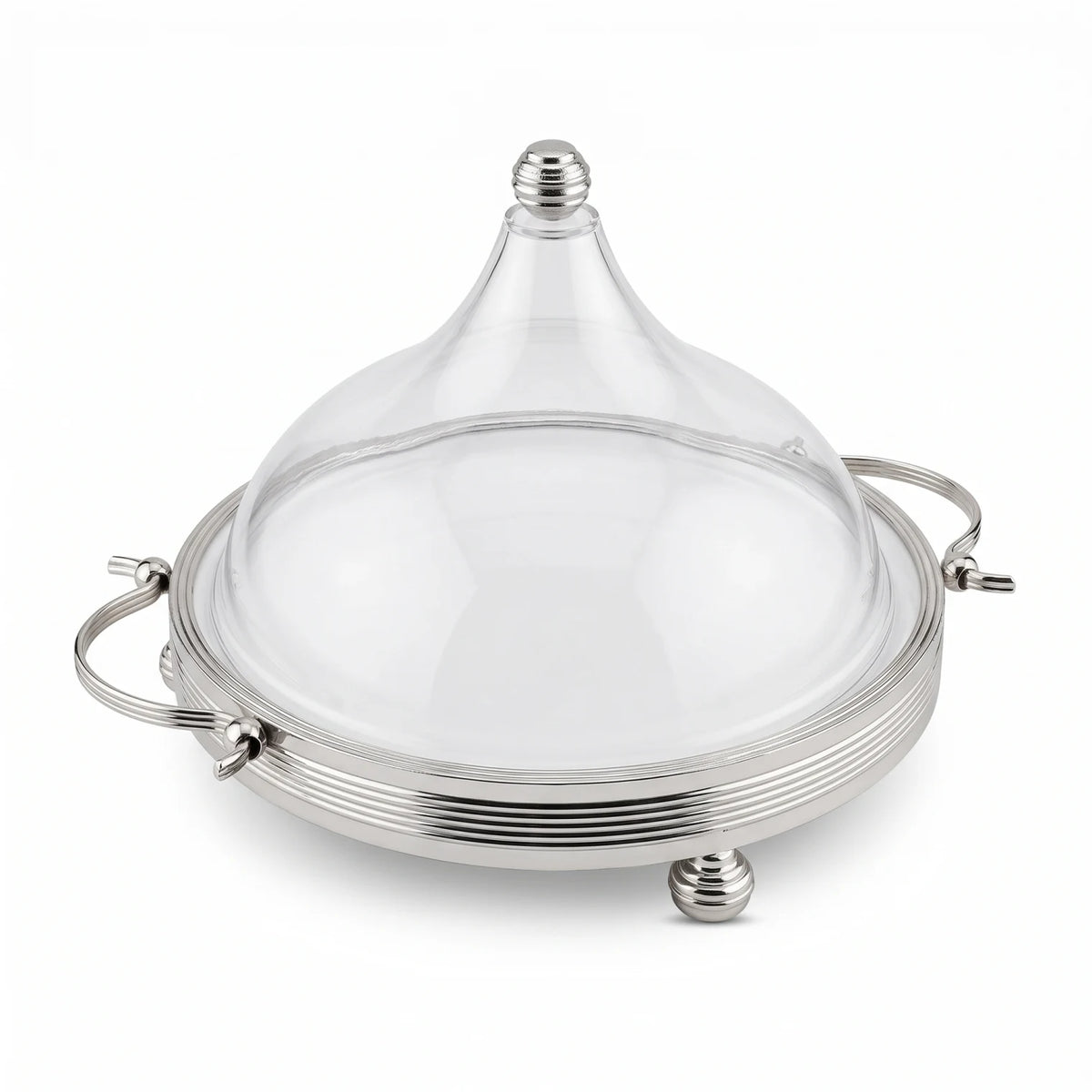 Ansa Premium Silver Serving Tray with Domed Acrylic Cover – Small & Medium Sizes | Raised Dessert Stand for Cakes, Fruits, Sweets and Chocolates - Silver / Medium - Image 1