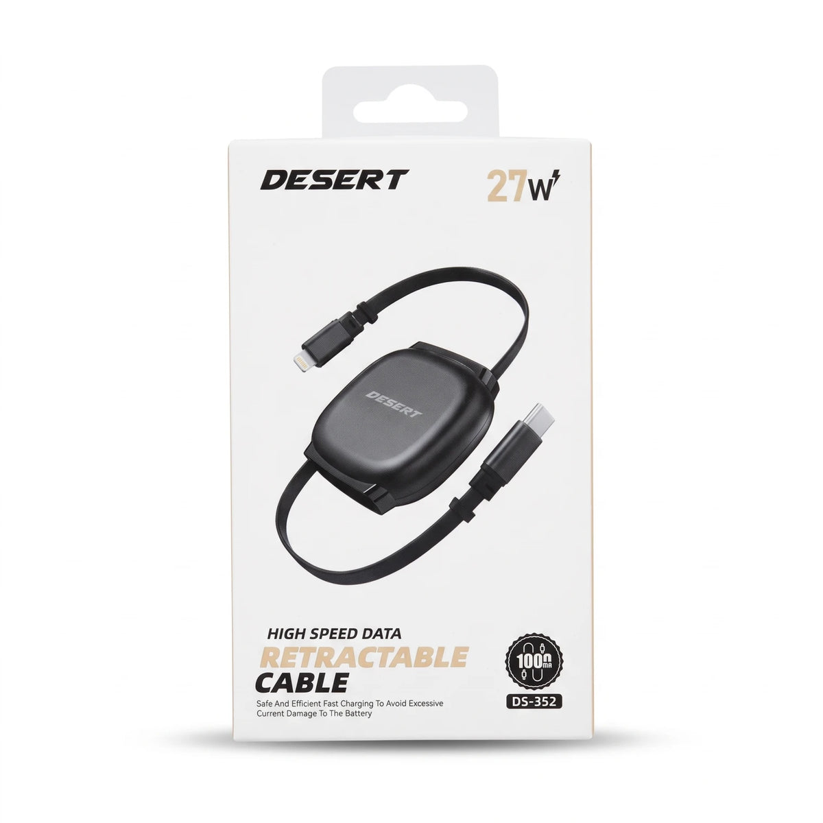 DESERT Retractable Cable DS-352 27W Black Fast Charging Data Cable with Lightning and USB-C Connectors