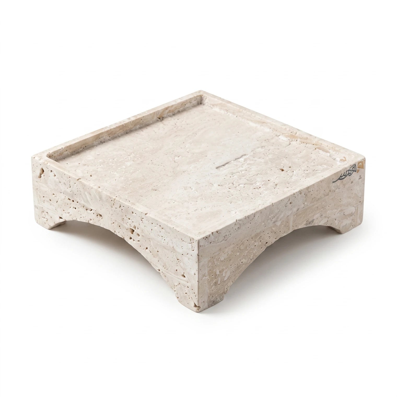 Natural Travertine Marble Tray Stand – 19 x 19 x 7 cm | Raised-Edge Decorative Display Stand