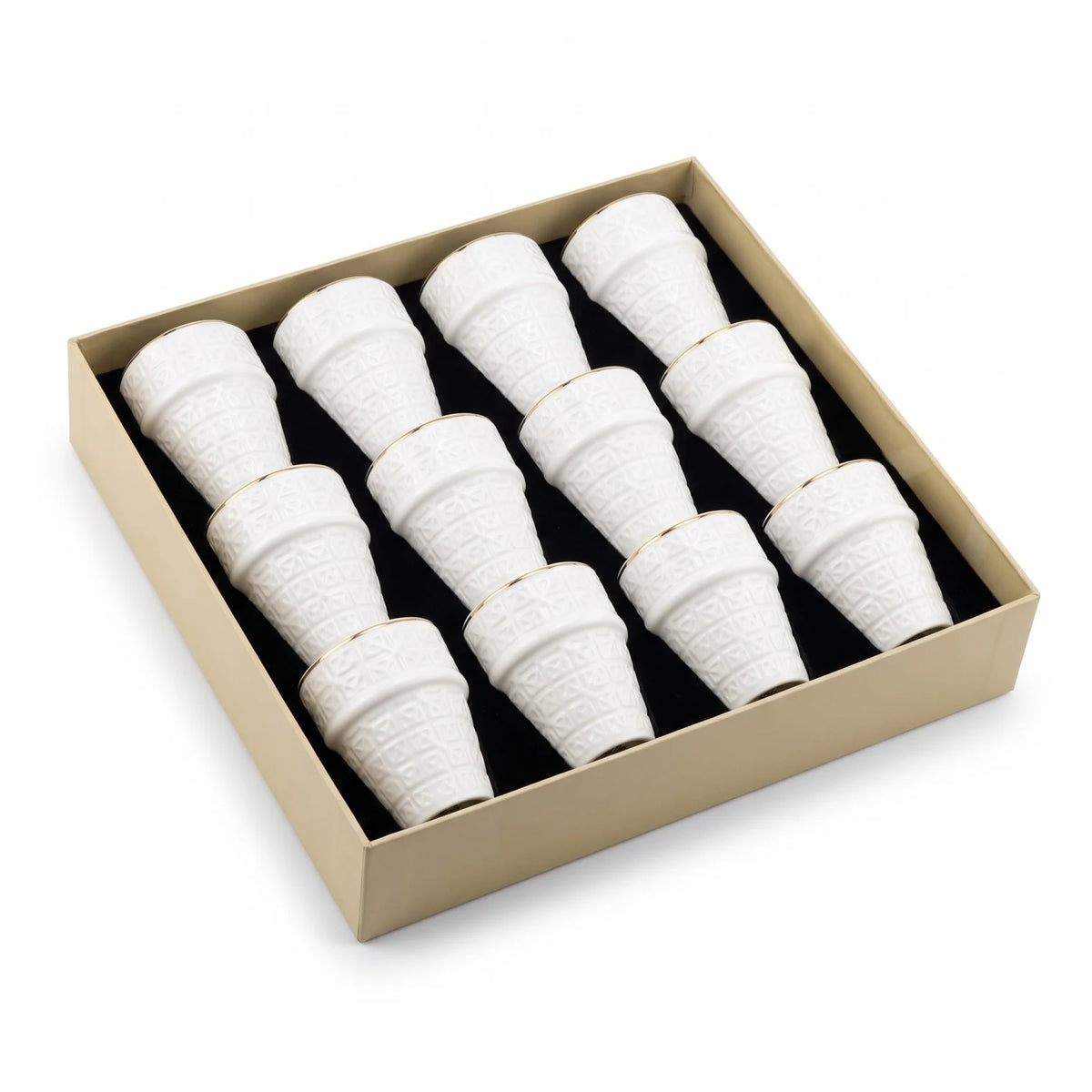 Dallah addar 12 pieces Arabic Moroccan bone china porcelain cups set – White Glossy Geometric Design with Metallic Rim
