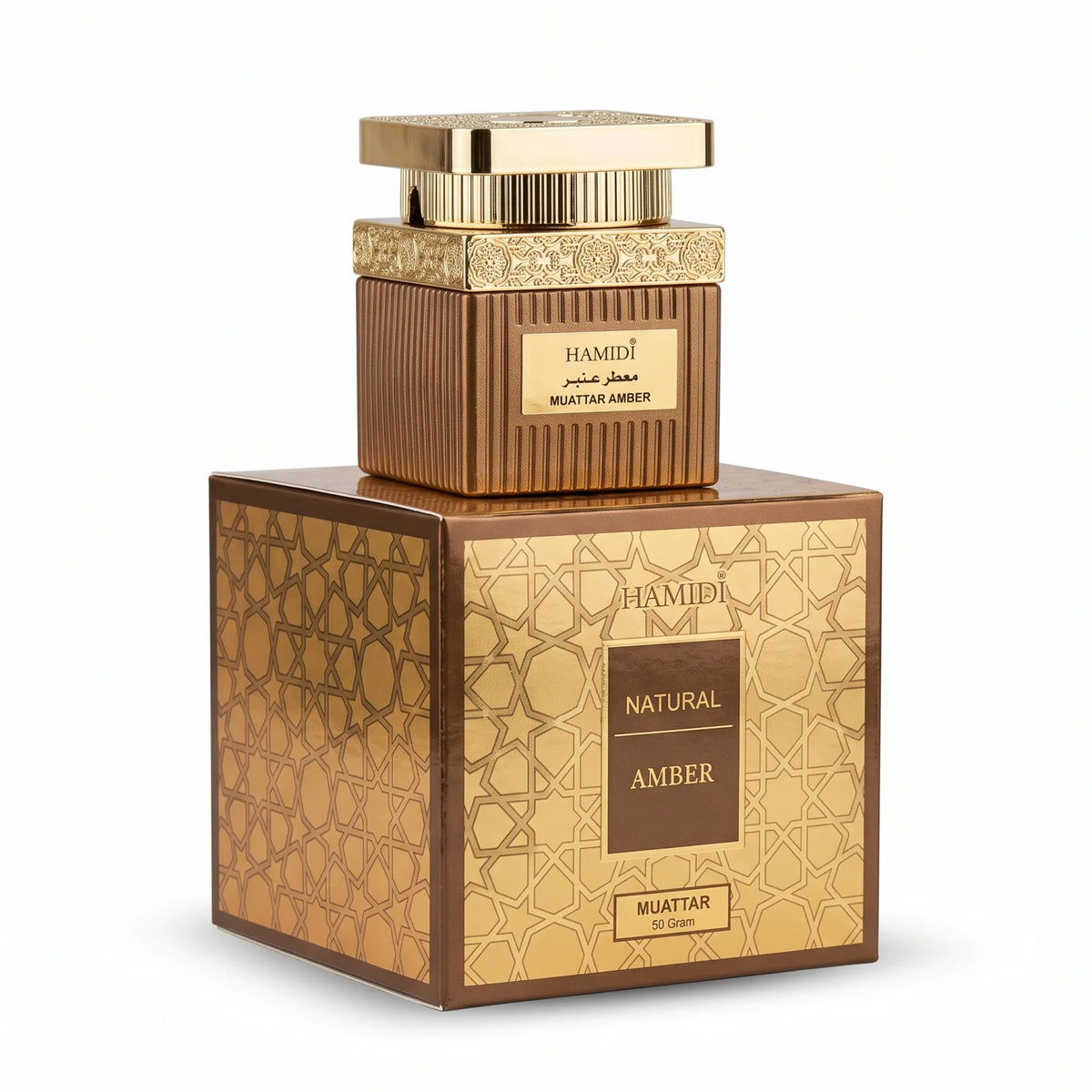 HAMIDI MUATTAR AMBER 50 grams – Natural Amber Scented Fragrance Product in Ornate Gold Packaging