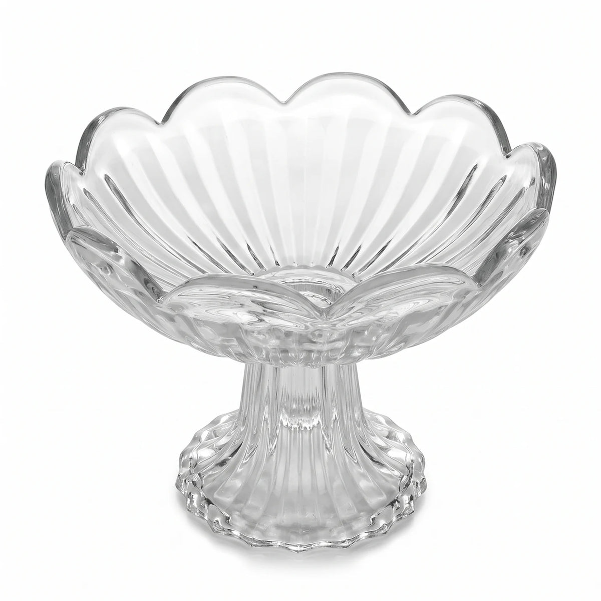Decorative Glass Pedestal Fruit Bowl – 16cm Scalloped Rim | Fluted Rib Design | For Fruits, Desserts, Nuts and Ice Cream