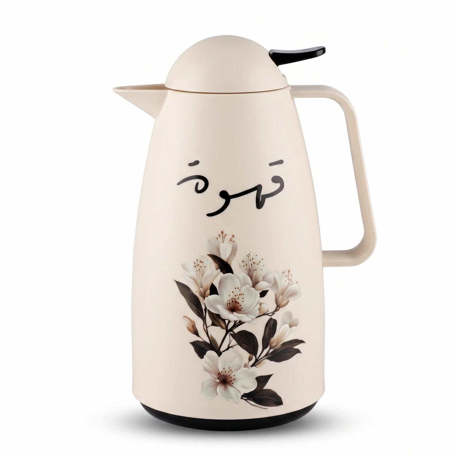 Crystal House cream-colored vaccum flask, 1 Liter | Floral Blossom Design | Qahwa Calligraphy | Plastic Body | Leak Proof