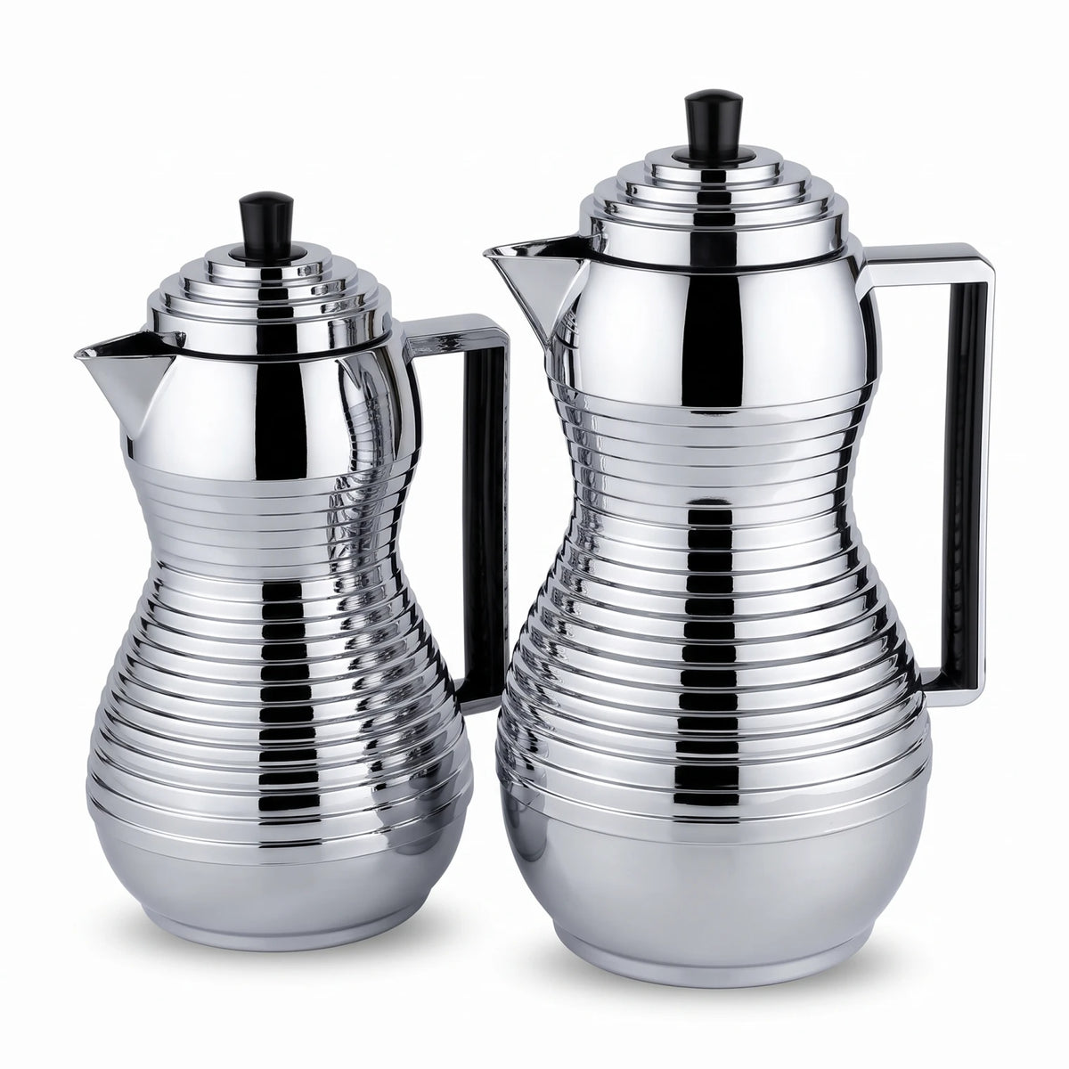 Regal 2 Piece Ribbed Design Chrome Finish Flask Set – 0.7 + 1.0 Liters | Leak Proof Tea and Coffee Flasks