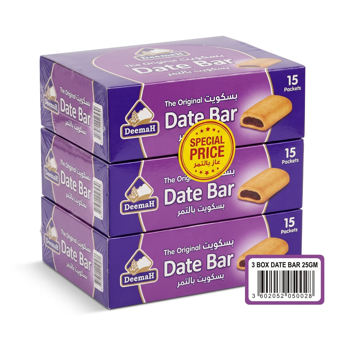 Deemah The Original Date Bar 3 Boxes, 45 Date-Filled Biscuit Bars, 25g Each | Biscuit Filled with Date Fruit