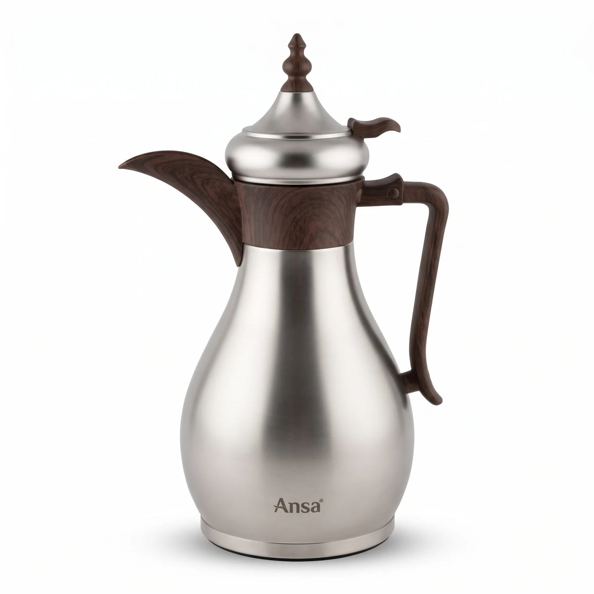 Ansa Traditional Arabic Stainless Steel Vacuum Flask – 0.35 or 0.6 Liters | Pink Glass Interior | Leak Proof Tea and Coffee Server - Matte Silver - Wood / 0.6 Liters - Image 1