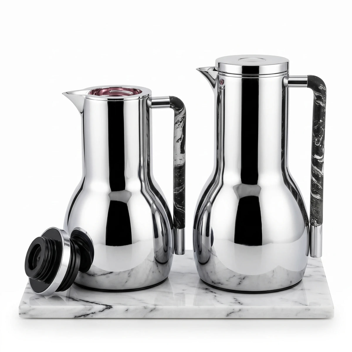Regal 2 Piece Stainless Steel Vacuum Jug Set – 0.7L + 1.0L | Pink Glass Interior | Leak Proof Tea and Coffee Jugs - Silver - Marble - Image 1