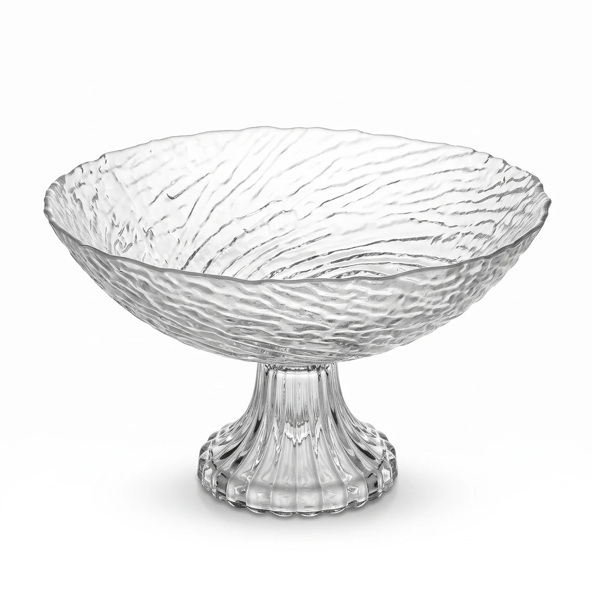 Clear Glass Decorative Pedestal Fruit Bowl – 24cm Textured Rippled Surface, Footed Base for Fruits and Desserts