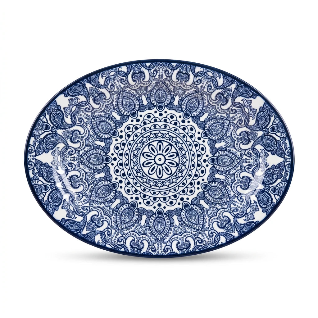 Che Brucia Oval porcelain plate – 30 CM or 35 CM | Green or Blue | Glossy Decorative Porcelain Serving Plate with Raised Rim and Ornamental Pattern - Blue / 30 CM - Image 1