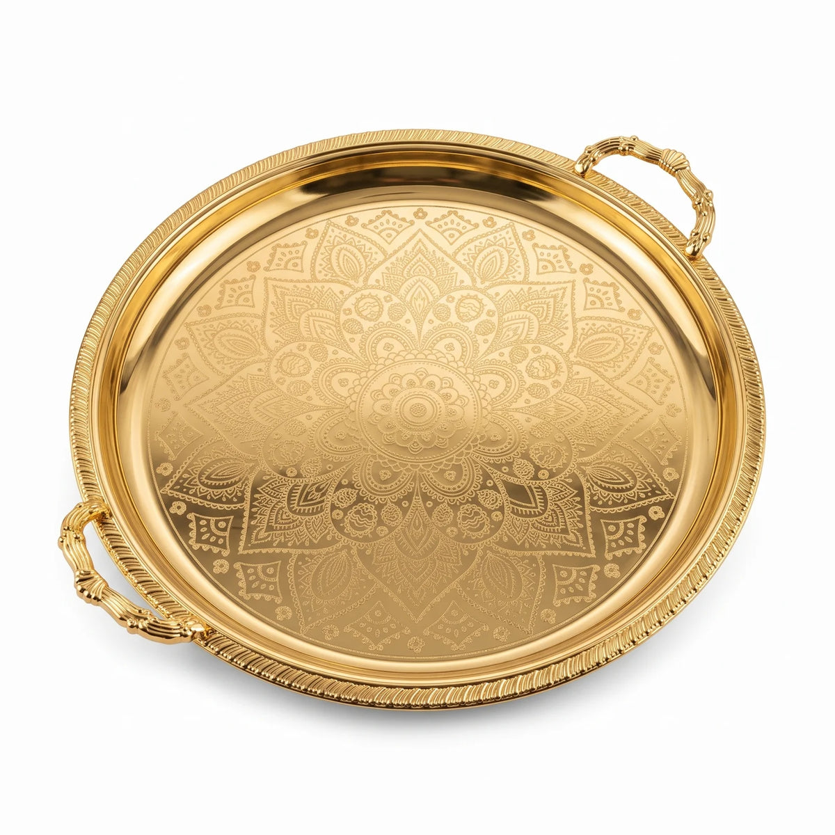 M.E.W Round Stainless Steel Serving Tray – Large & Extra Large | Mandala Floral Pattern | Decorative Handles | Silver, Gold & Silver - Gold - Gold / Large - Image 1