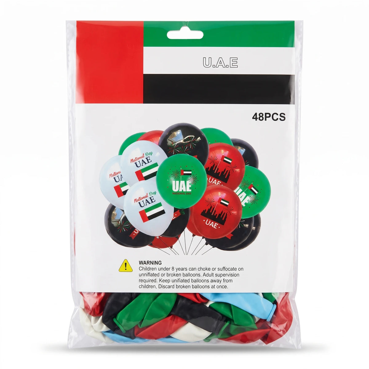 48 Pieces UAE National Day Baloons – Assorted UAE Flag Designs | Red, Green, Black, White & Blue Party Decorations