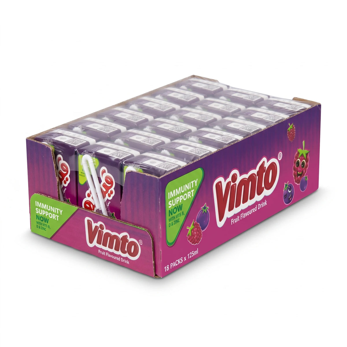 Vimto Fruit Flavoured Drink 18 x 125ml Pack | Purple Pack Drinks with Vitamins B, D & Zinc | Convenient Individual Fruit Drink Packs