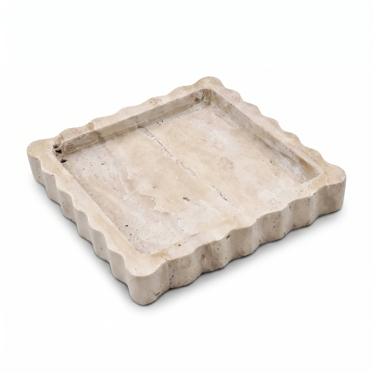 Square Travertine Stone Scalloped Tray – 12 x 12 x 2 cm | Raised Rim | Textured Surface | Beige Decorative Tray