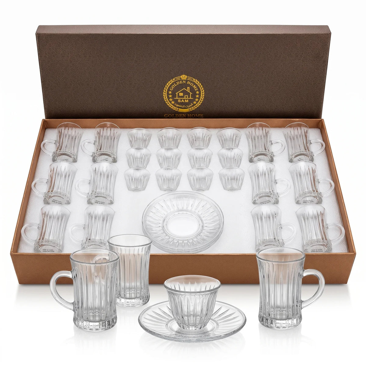 Golden Home 36-Piece Glass Cups and Saucers Set – 12 Tea Cups, 12 Arabic Coffee Cups, 12 Saucers | Clear Ribbed Design for Serving