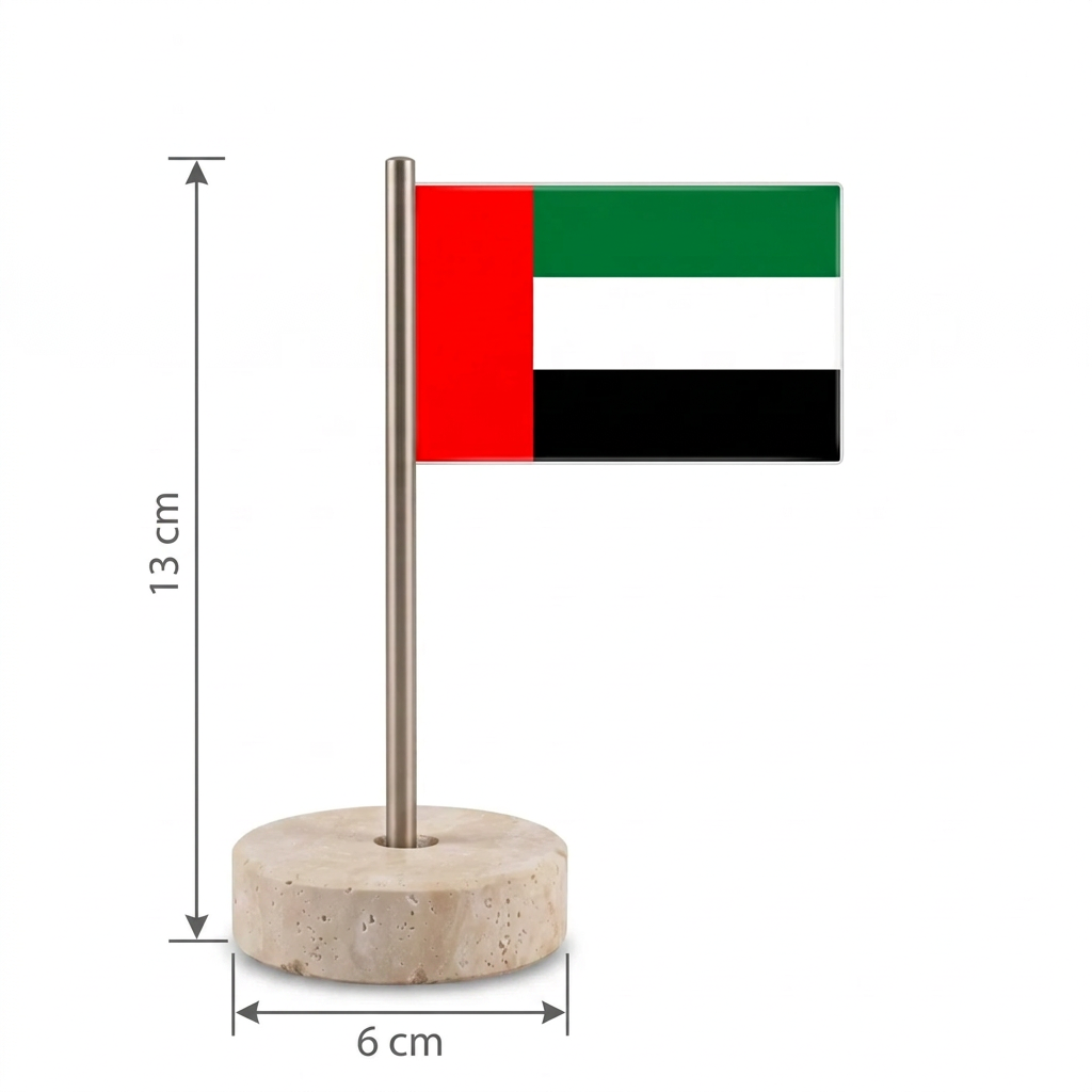 Acrylic Mini UAE Flag with Marble Travertine Round Base – 13cm Desk Display for National Day Celebrations, Office Décor and UAE-Themed Spaces