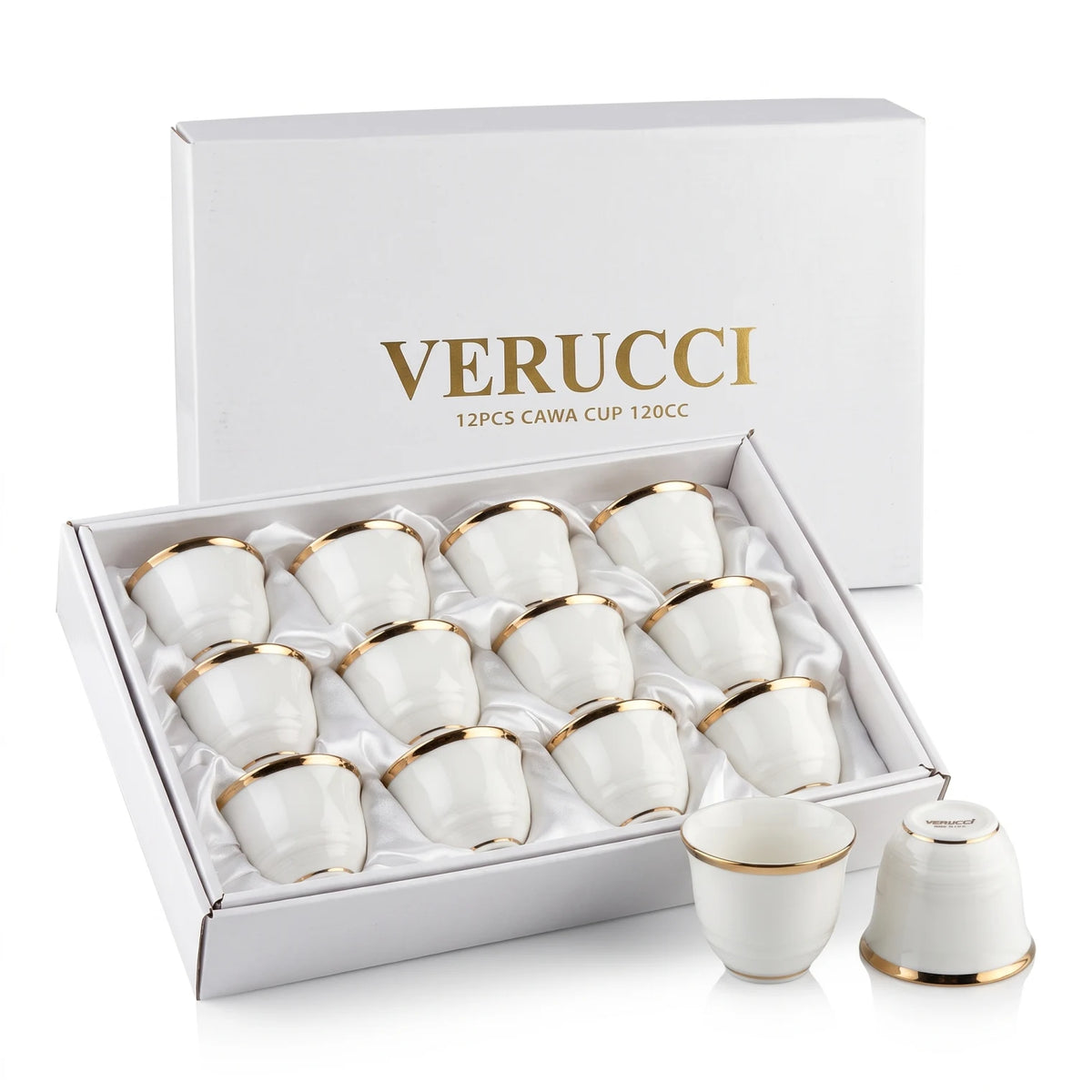 VERUCCI 12-Piece Coffee Cup Set 120 ML – White Glossy Cups with Gold-Colored Trim in Presentation Box