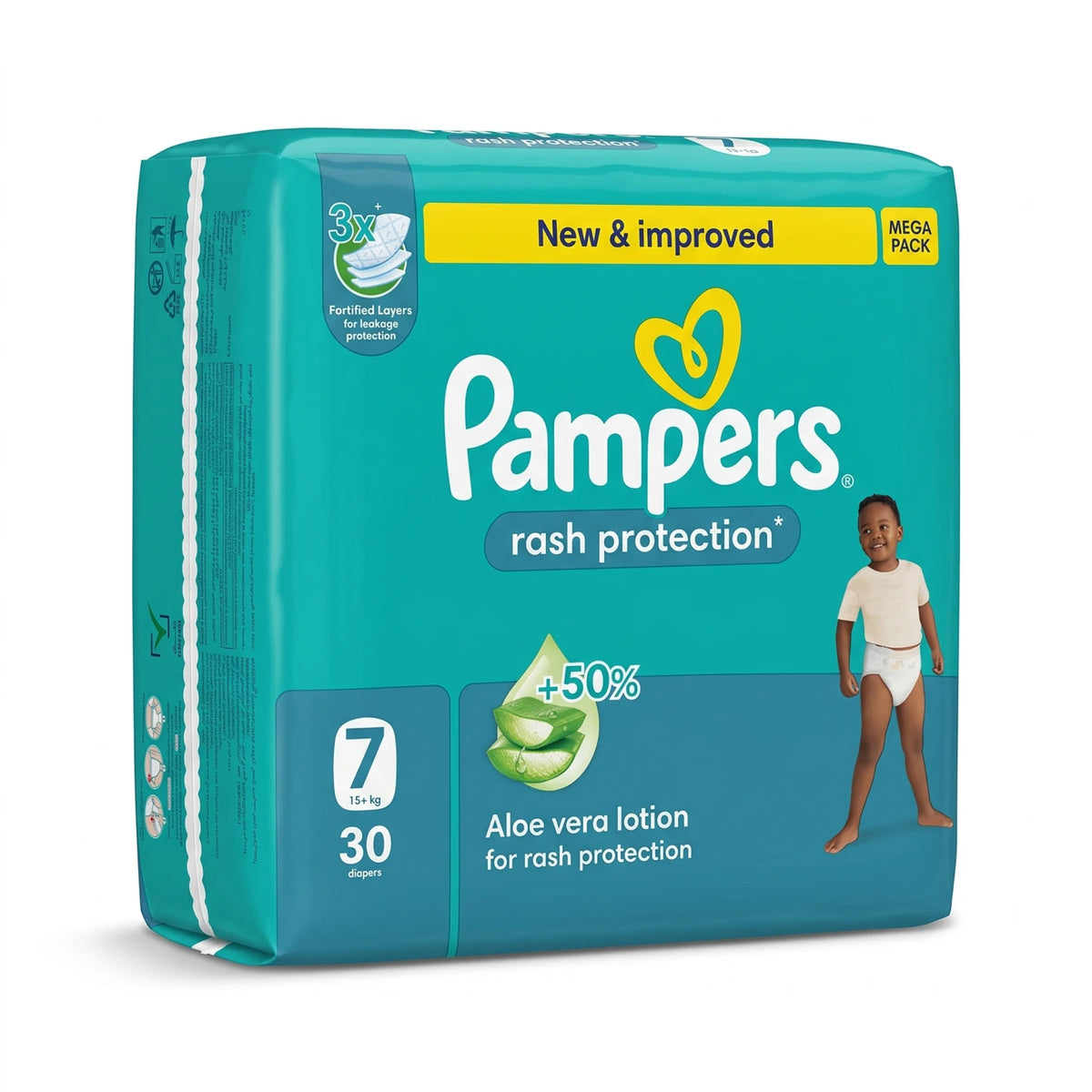 Pampers Baby Diapers Size 7, 15+ kg, 30 Pack – Aloe Vera Lotion, Rash Protection, 3X Fortified Layers, Mega Pack