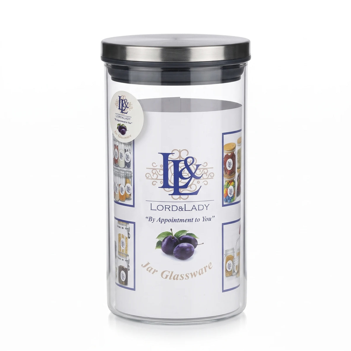 Lord & Lady Storage Jar with Airtight Steel Lid – 18 cm Height, 10 cm Width | Clear Glass Jar with Plum Design and Screw-Top Glassware