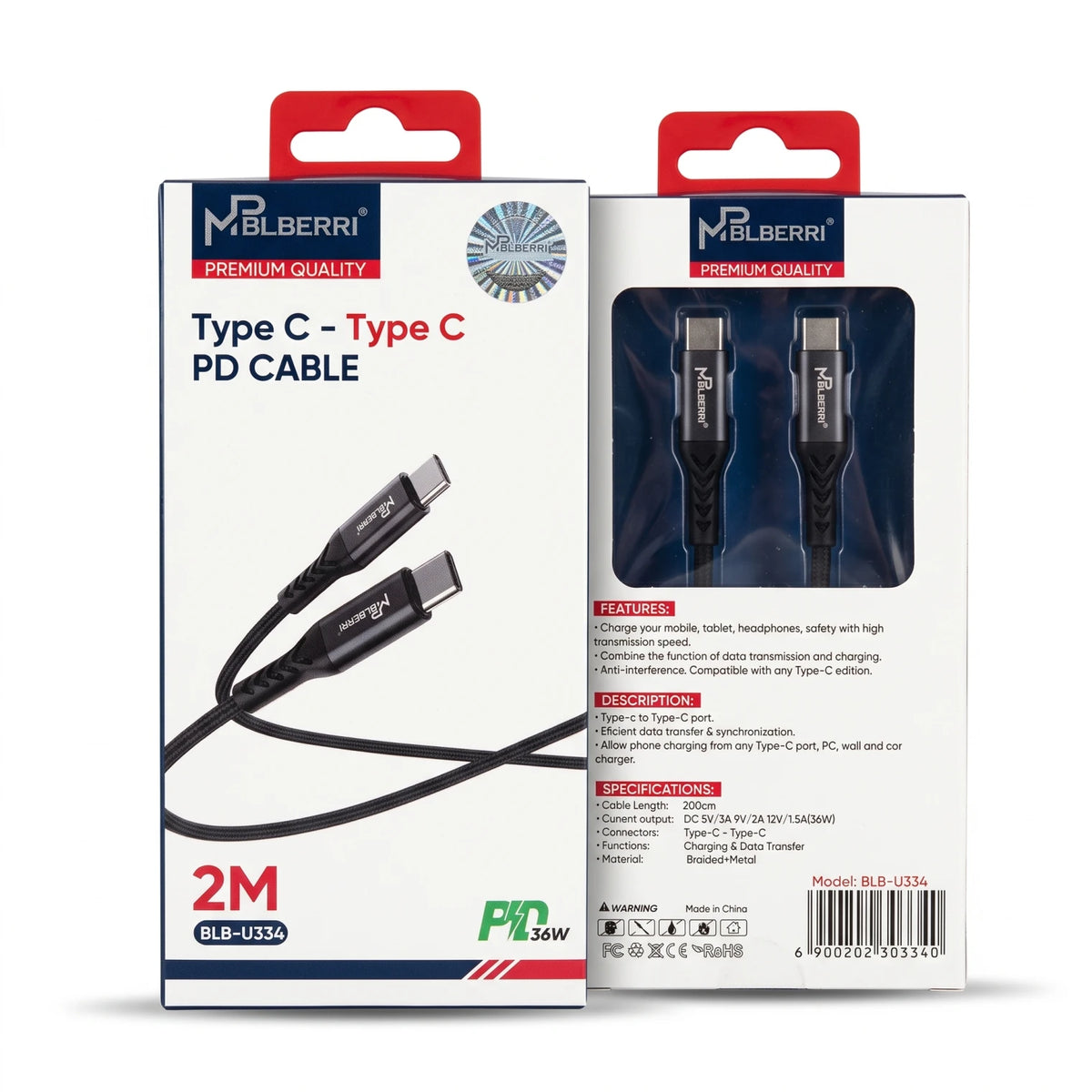 MPBLBERRI Type-C to Type-C PD Charging Cable – 2M, 36W, Black, Braided USB-C Cable