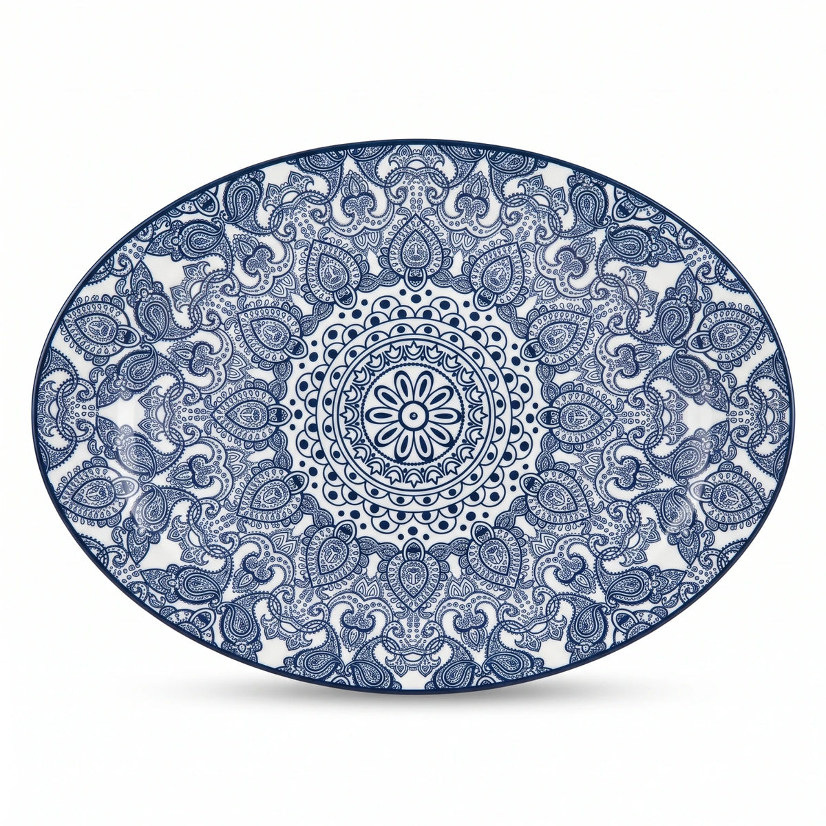 Che Brucia Oval porcelain plate – 30 CM or 35 CM | Green or Blue | Glossy Decorative Porcelain Serving Plate with Raised Rim and Ornamental Pattern - Blue / 35 CM - Image 1