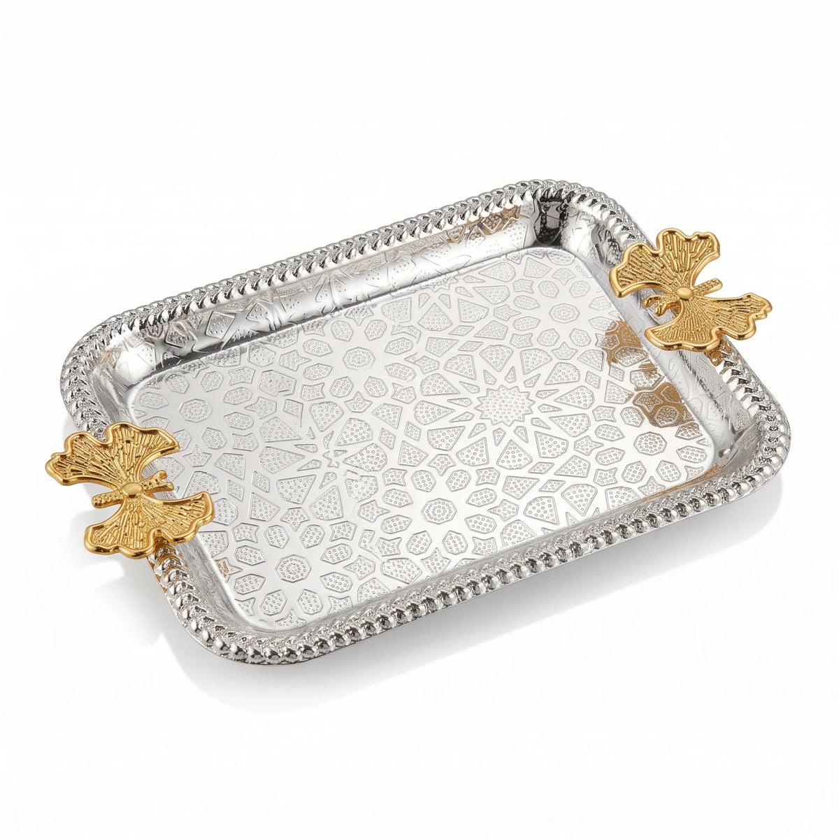 Rectangular Silver-Finished Serving Tray 31 x 17 cm – Geometric Engraving | Gold-Toned Butterfly Handles