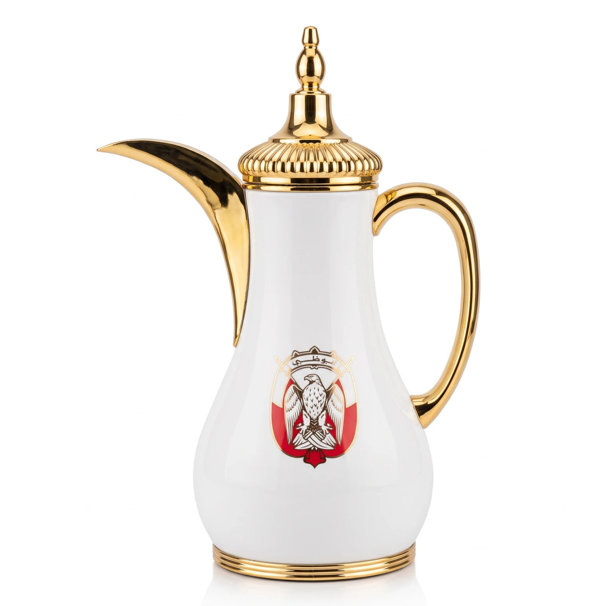 NGT Abu Dhabi Sign Vacuum Flask for Arabic Coffee 1 Liter – White and Gold Decorative Dallah Design with Curved Spout and Ribbed Lid