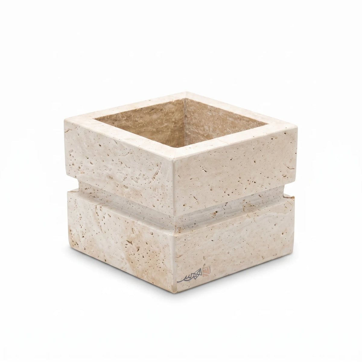 Natural Stone Travertine Vase – 13 x 16 x 16 cm | Off-White & Beige | Square Open-Top Design | Textured Home Décor