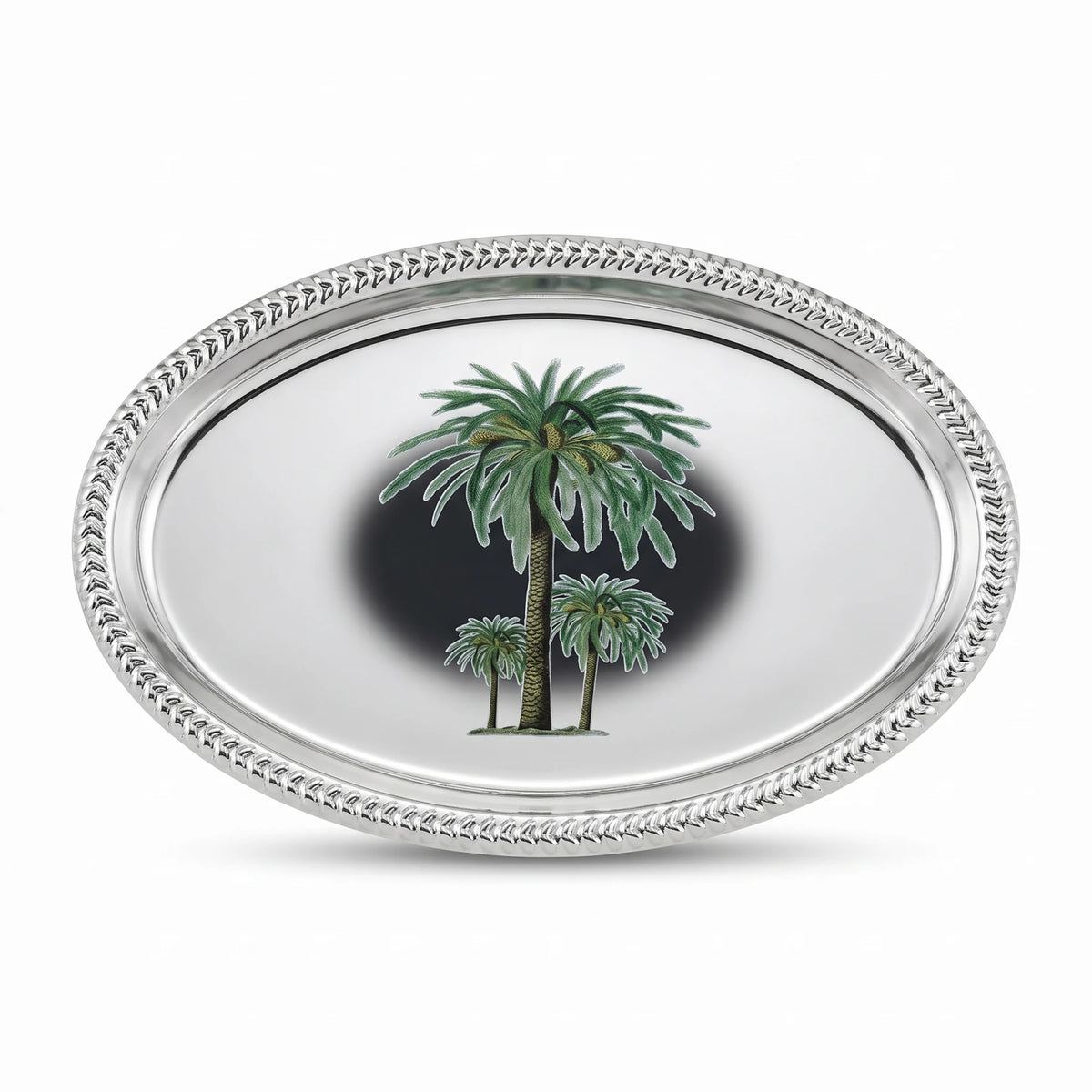 Silver-Toned Oval Serving Tray 28 x 17 x 2 cm with Beaded Rim and Palm Tree Artwork