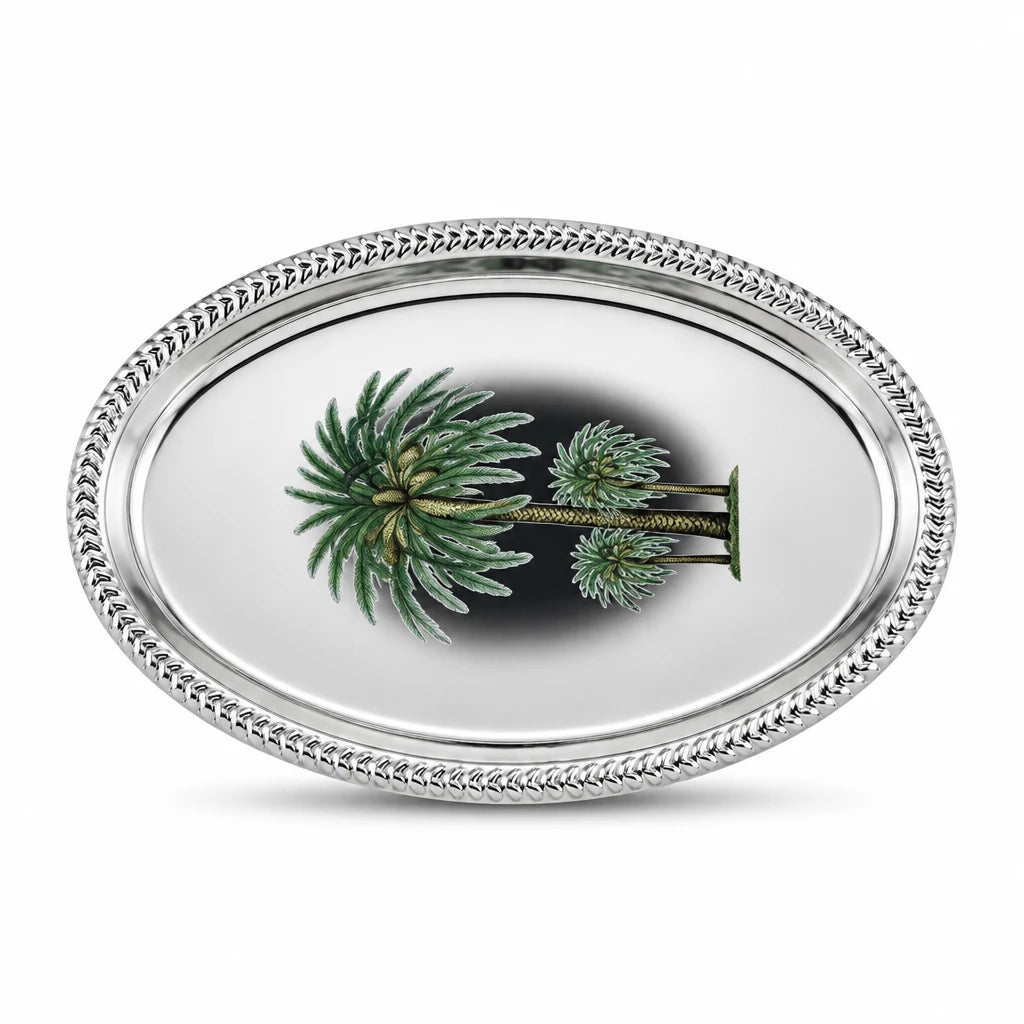 Silver-Toned Oval Serving Tray 28 x 17 x 2 cm with Beaded Rim and Palm Tree Artwork