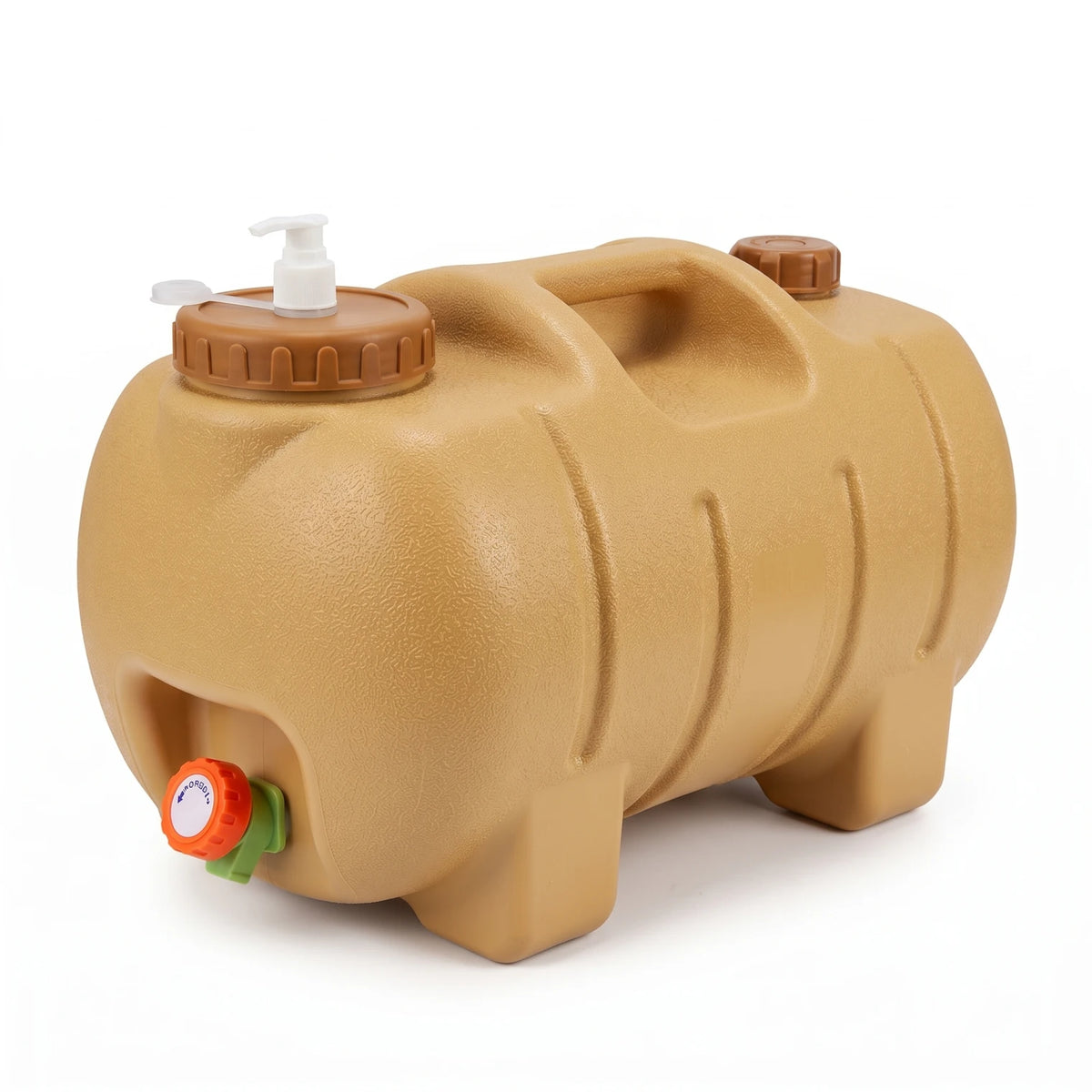 20L Portable Camping Water Container with Faucet and Pump Dispenser – Tan Molded Plastic, 31 x 29 x 42 cm for Outdoor Water Storage