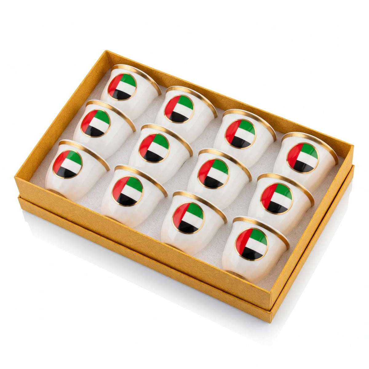 UAE Flag Fine Porcelain 12-Piece Large Arabic Coffee Cups Set β Handleless White Cups with Gold Trim and Presentation Box