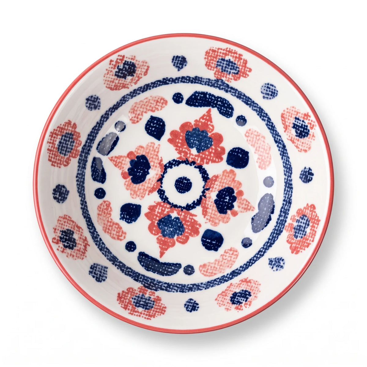 22 CM Porcelain Bowl – Glossy White Finish, Red and Pink Rim, Dark Blue Floral Geometric Pattern | Decorative Tableware Bowl