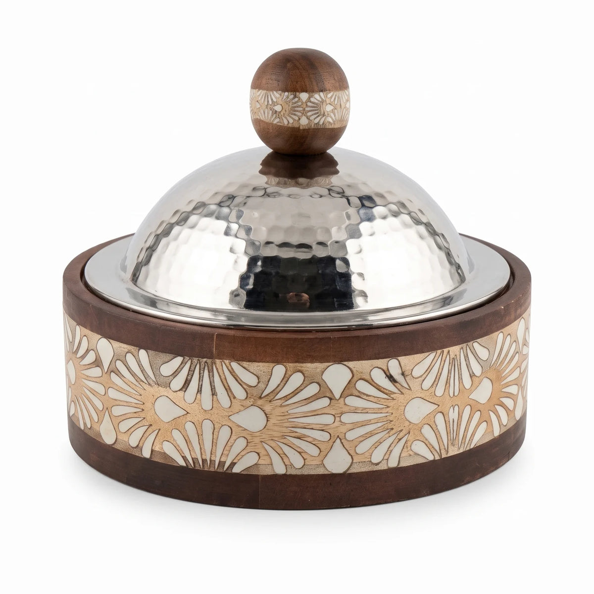 Dallah Addar Wooden and Steel Serving Pot with Lid, 15 x 18 x 18 cm | Halwa, Sweets, Candy and Nuts Serving Container