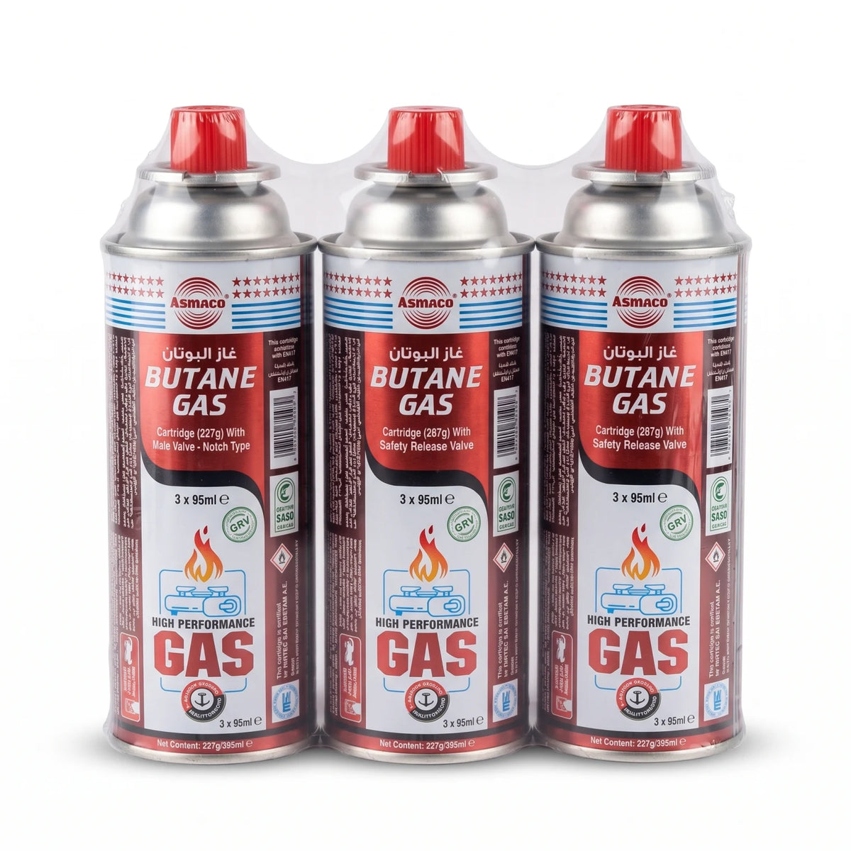 Asmaco Butane Gas Pack of 3 (3 x 95ml) – High Performance Gas Cartridges with Male Valve, Notch Type, Safety Release Valve and EN417 Marking
