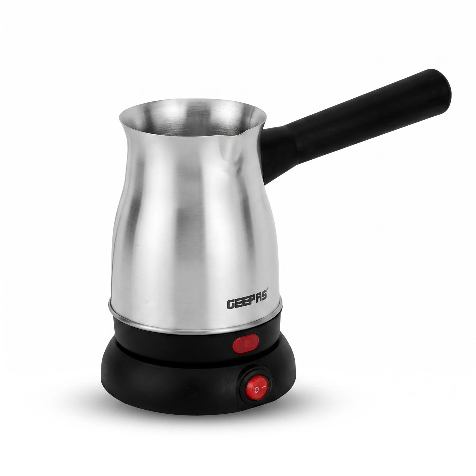 Geepas Turkish Coffee Maker GK38050 – 0.8L | Stainless Steel Body | 360° Rotation | Foamy Finish | White, Silver and Black