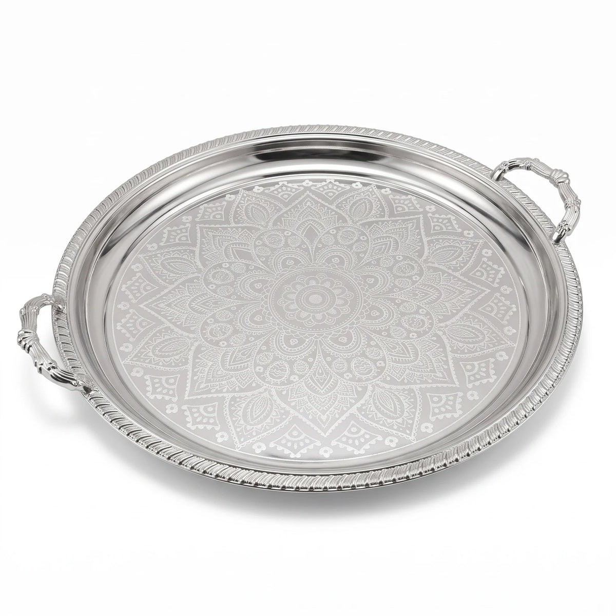 M.E.W Round Stainless Steel Serving Tray – Large & Extra Large | Mandala Floral Pattern | Decorative Handles | Silver, Gold & Silver - Gold - Silver / Large - Image 1