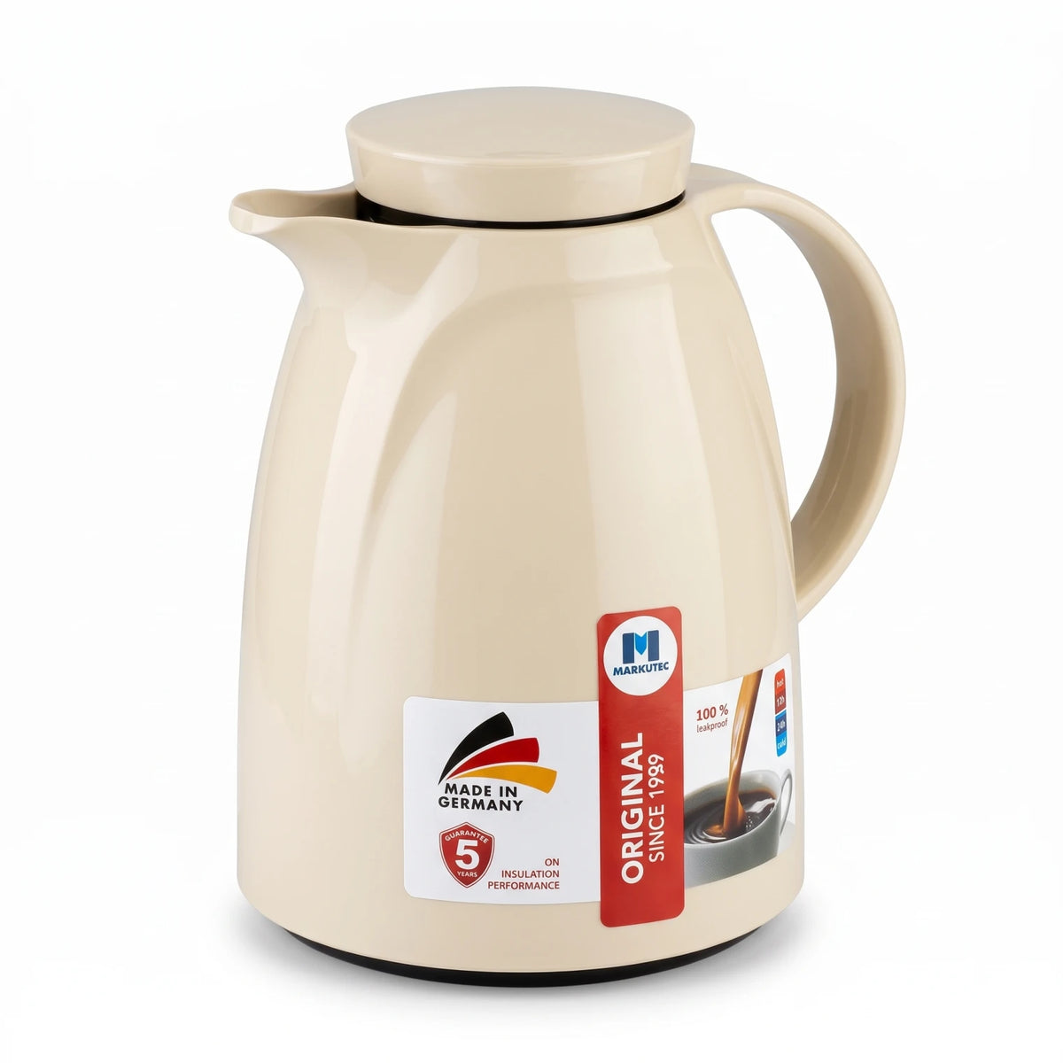 Markutec German-Made Vacuum Flask 0.36 L Beige | Leak-Proof Tea and Coffee Flask | Keeps Drinks Hot 12 Hours and Cold 24 Hours